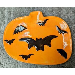 Halloween Bat Candy Dish 2008 HALLOWEEN DECOR orange pumpkin black bats 8x6.5 in